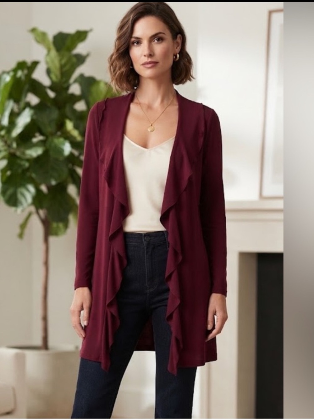 Vintage Christine Gerard open burgundy ruffle front longline cardigan